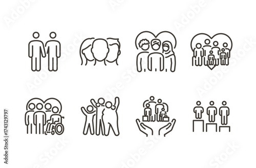 Diversity and inclusion icon set. Vector thin line illustration. Diversity, global community, multiple gender, cultural identities