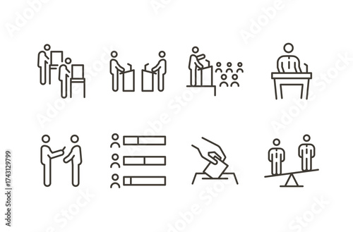 Politics, election, debate icon set. Thin line vector illustration icons for democracy, government voting campaign