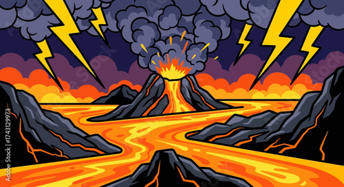 Volcano Eruption with Lava Flow and Lightning Strikes Illustration.