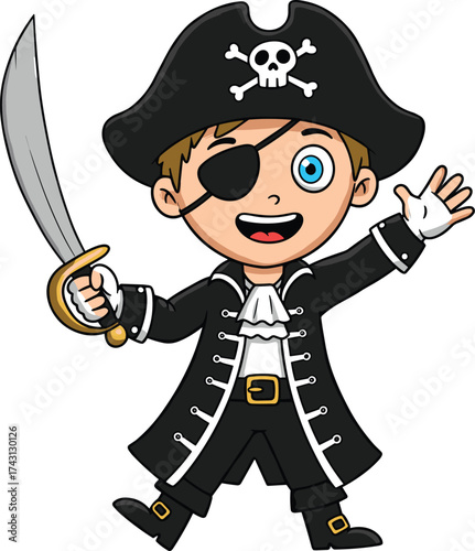 Cartoon pirate child costume illustration, happy kid dressed as pirate with hat, sword, eyepatch, coat, boots, playful character design for children’s media, events