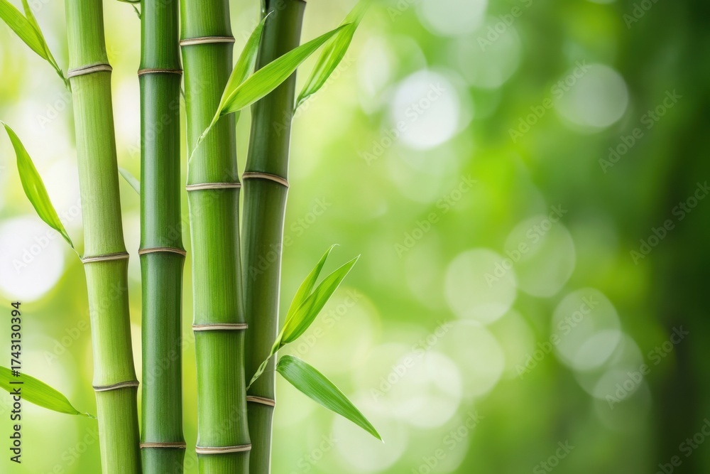 Obraz premium Close up of green bamboo stalks with leaves in a forest