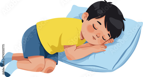 Cartoon child sleeping peacefully on pillow, bedtime illustration for kids, cute boy resting in bed, night sleep routine, educational design, children’s content artwork