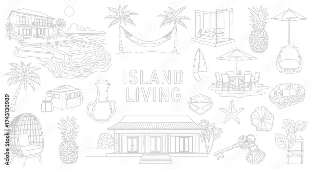 Fototapeta premium Island Living Lifestyle Collection Illustration White Line Art