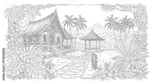 Tropical Village Scene with Traditional Architecture and Lush Vegetation
