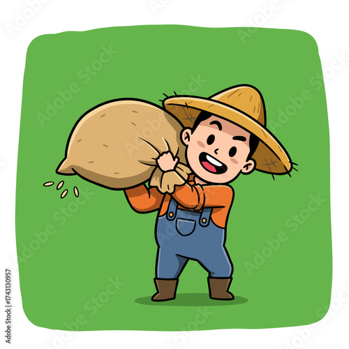 Smiling farmer in straw hat carries a large sack over shoulder, with falling grains, on green background.