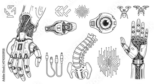 Futuristic Technology Elements Collection Line Art