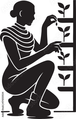 Silhouette of a woman tending to small plants growing vertically on a tiered shelf symbolizing growth and agriculture