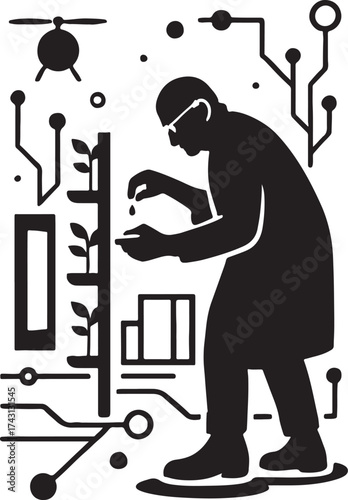Silhouette of a scientist in a lab coat examining plants with digital circuitry and a drone in the background symbolizing agricultural technology and innovation