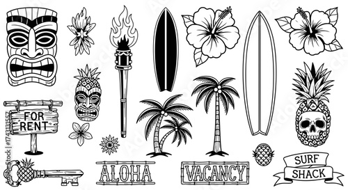 Tropical Tiki Mask and Palm Tree Icons Vector Set