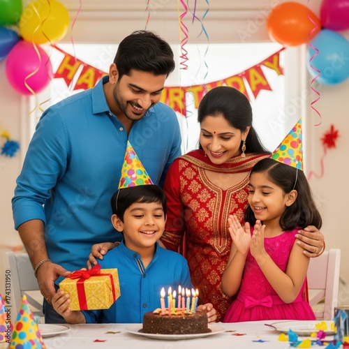 Happy Indian Family Celebrating Child’s Birthday with Cake and Gifts