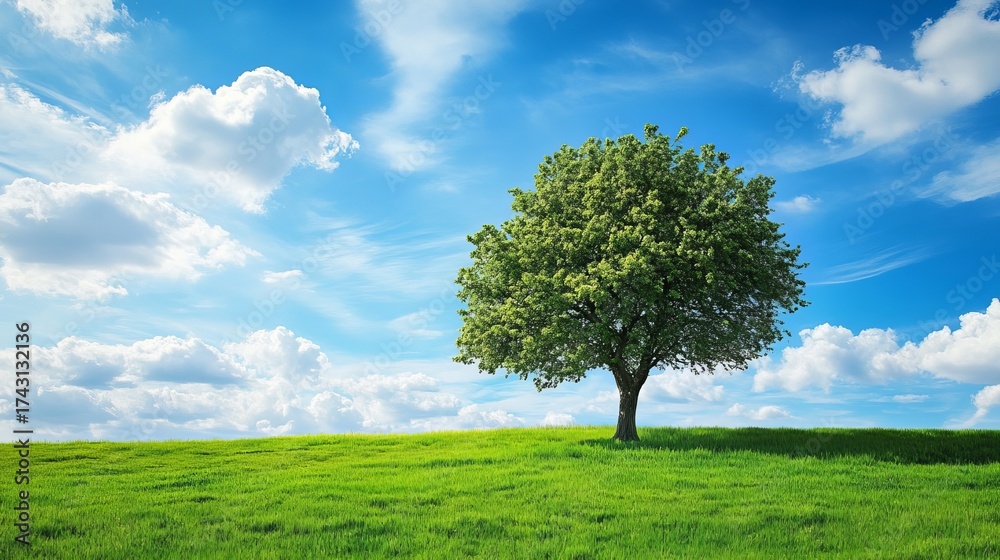 Obraz premium Peaceful nature scene with big tree on vibrant field and blue sky