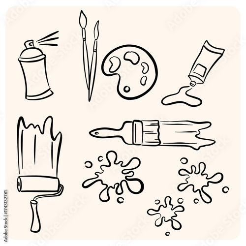 Collection of Hand-Drawn Artistic Paint Tools and Splash Doodles
