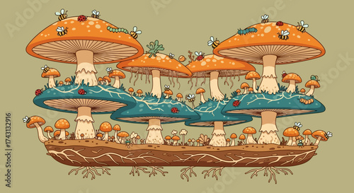 Whimsical Mushroom Landscape with Bees and Tiny Figures.