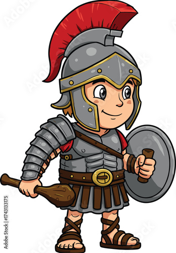 Cartoon Roman soldier gladiator character, ancient warrior armor illustration, helmet with red plume, shield and club, historical costume design, vector art for education and entertainment