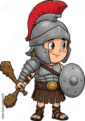 Cartoon Roman gladiator soldier illustration, ancient warrior character in armor with helmet plume, shield and spiked club, historical costume design, educational playful artwork