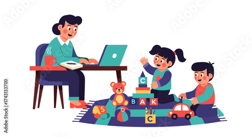 Working mother with children playing, balancing work and family life.