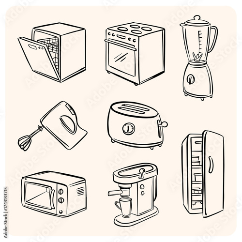 Collection of Hand-Drawn Home and Kitchen Electronic Appliances