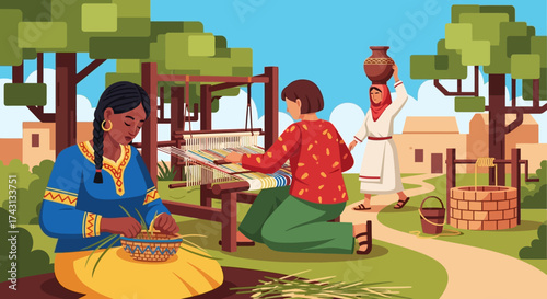 Women engaged in traditional crafts and daily life in a village setting.