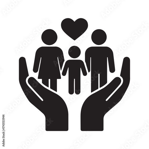 Family Care and Support: A touching depiction of family unity and love, symbolized by protective hands cradling parents and child with a heart above.
