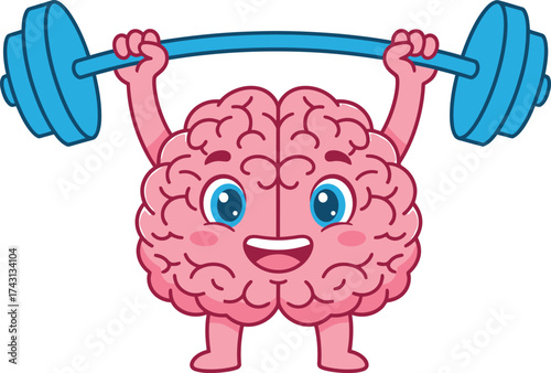 Vector illustration of cute cartoon brain character lifting a heavy barbell, isolated on white background