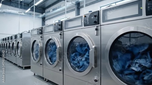 Industrial Laundry Machines with Rotating Blue Clothes in a Bright Room Silver Colored Stainless Steel Washing Equipment with Control Panels in a Laundromat Facility for Textiles 180 Degree