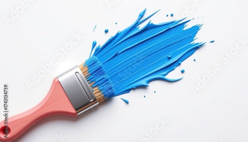 Bright blue paint being brushed onto a plain white surface with a wide pink-handled paintbrush creating bold textured strokes and splatters in a creative art setting