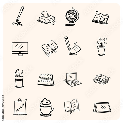 Hand-Drawn Doodle Style Office and Workspace Icons Set