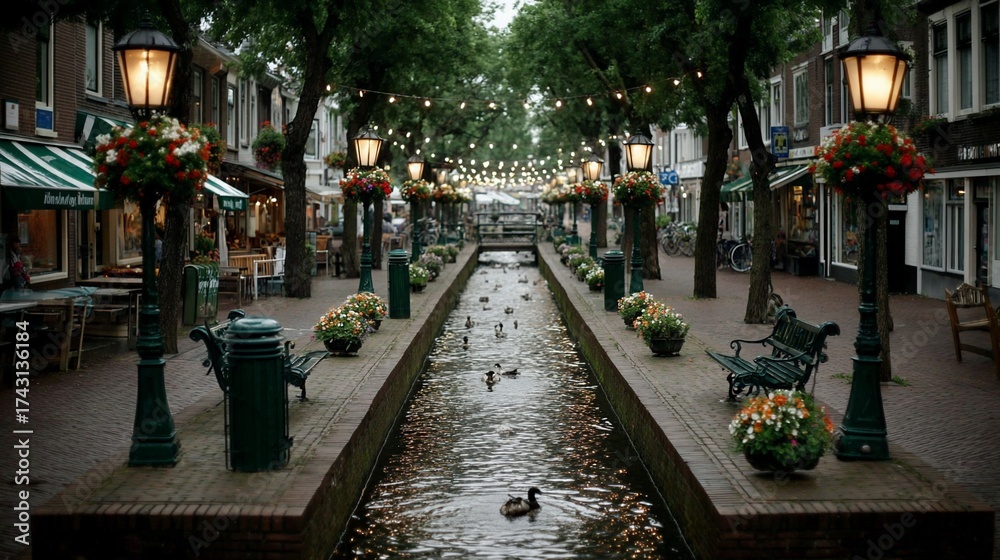 Fototapeta premium Canal reflects glowing street lamps above a quiet urban pathway lined with blooming flowers and benches in a picturesque European town.