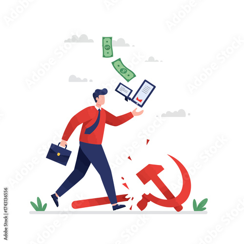 Vector flat illustration of man walking, right hand catching falling money and technology, broken hammer and sickle behind, conceptual conflict