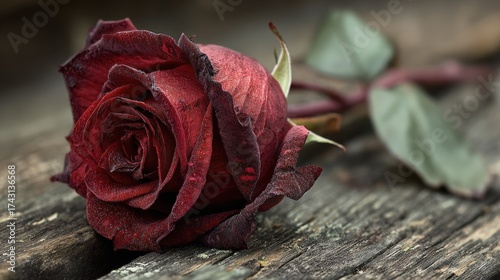 Stunning Red Rose on Rustic Wooden Surface with Delicate Details