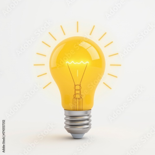 Bright yellow incandescent light bulb with glowing filament and radiating light rays on a clean white background symbolizing ideas innovation and creativity for energy saving and illumination