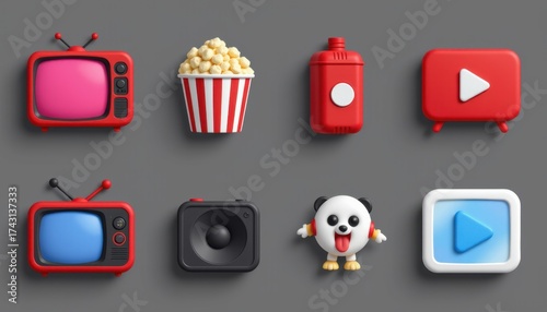 colorful modern digital entertainment icons with vintage television popcorn container speaker and cute cartoon character on a gray background