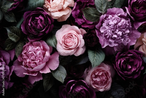 A vibrant, densely packed floral arrangement, showcasing roses & peonies in various shades