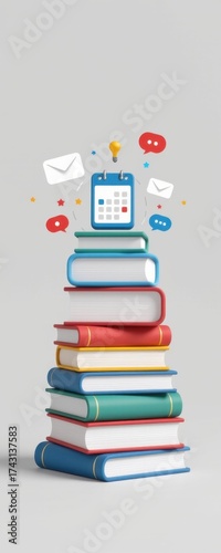 Stack of colorful books with a digital tablet and various icons representing communication ideas and learning tools on a white background