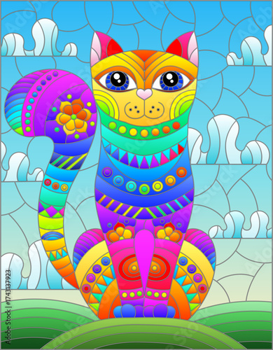 Illustration in stained glass style with abstract geometric cat and the sun on an abstract blue background