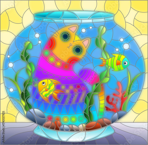 A stained glass illustration with a cute bright cat and a round aquarium with fish