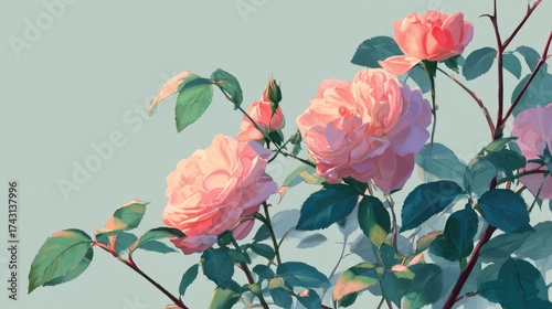 Delicate Pink Roses Blooming Against Soft Green Background