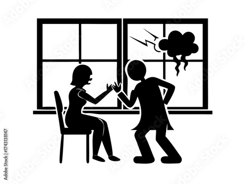 A couple's heated discussion is highlighted against a bright window, presenting a dramatic silhouette effect.
