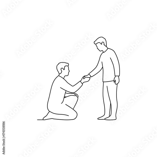 Man proposing to another man with a ring in hand, expressing love and commitment in a simple, minimalist style, symbolizing modern relationships and acceptance.