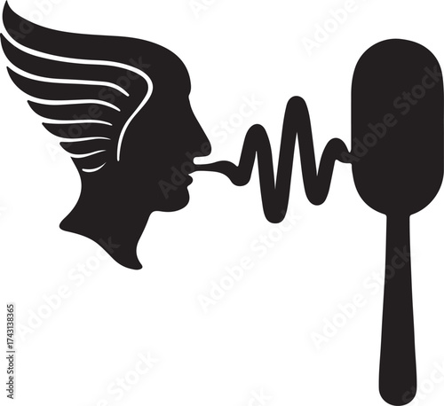 Silhouette of a winged head speaking into a microphone with sound waves connecting them symbolizing communication and audio recording
