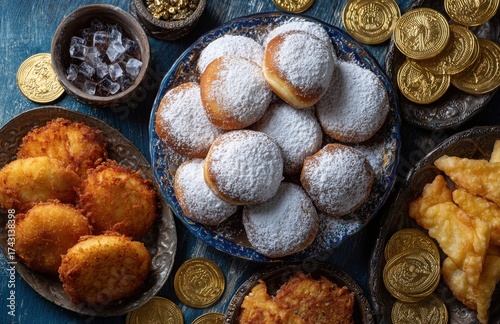 Hanukkah celebration displaying traditional food and golden gelt coins
