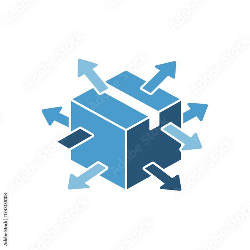 Blue box representing distribution sends arrows outward symbolizing global reach and supply chain management in a modern and efficient manner.