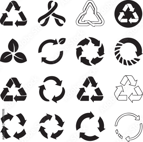 Collection of black recycling symbols and eco friendly icons on transparent background silhouette