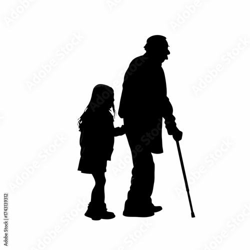 Silhouette of a girl helping her blind grandfather walk isolated on white background