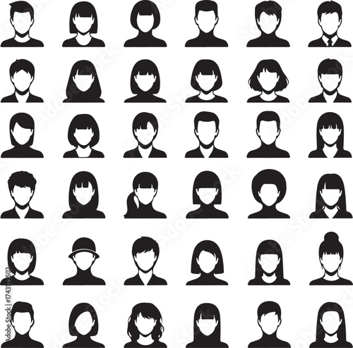 Collection of diverse head silhouettes of people on transparent background silhouette
