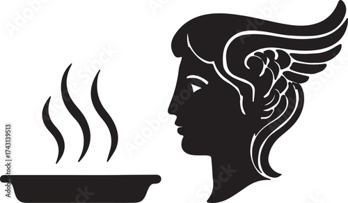 Stylized silhouette of the winged messenger god mercury in profile with rising steam from a bowl