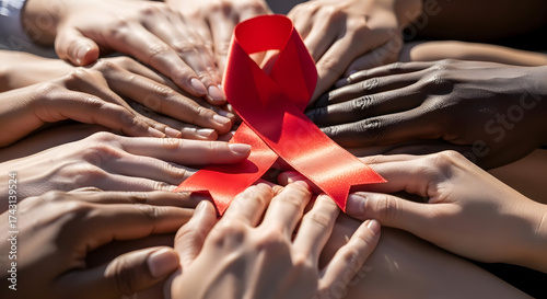 Diverse hands holding a red ribbon, symbolizing unity and awareness for HIV/AIDS prevention and support