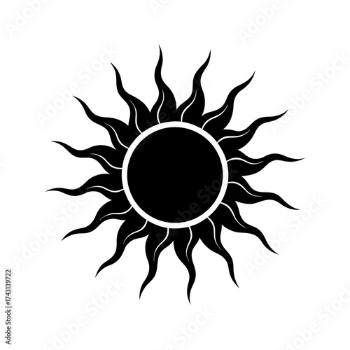 Black sun with sharp rays design on transparent background silhouette