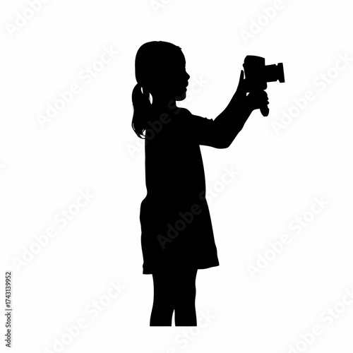 Silhouette of a girl recording a vlog with a camera isolated on white background