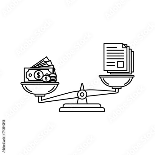 Balance scale showing money and documents representing financial equilibrium in business negotiations, symbolizing fairness and transparency.